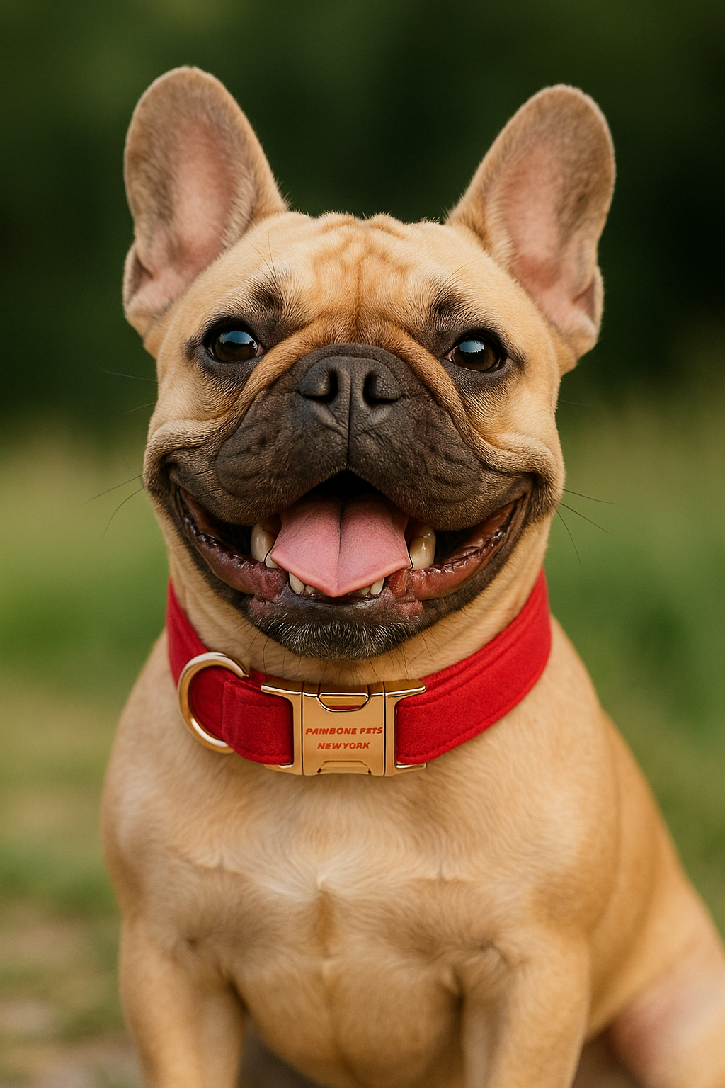 Dog wearing a red collar with a gold buckle on a blurred green background