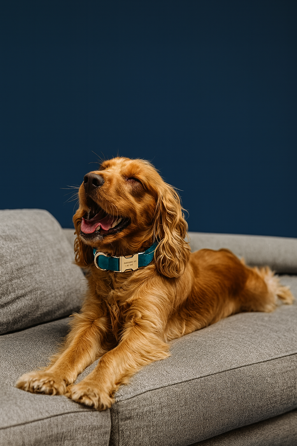 Dog lying on a gray couch with a dark blue background